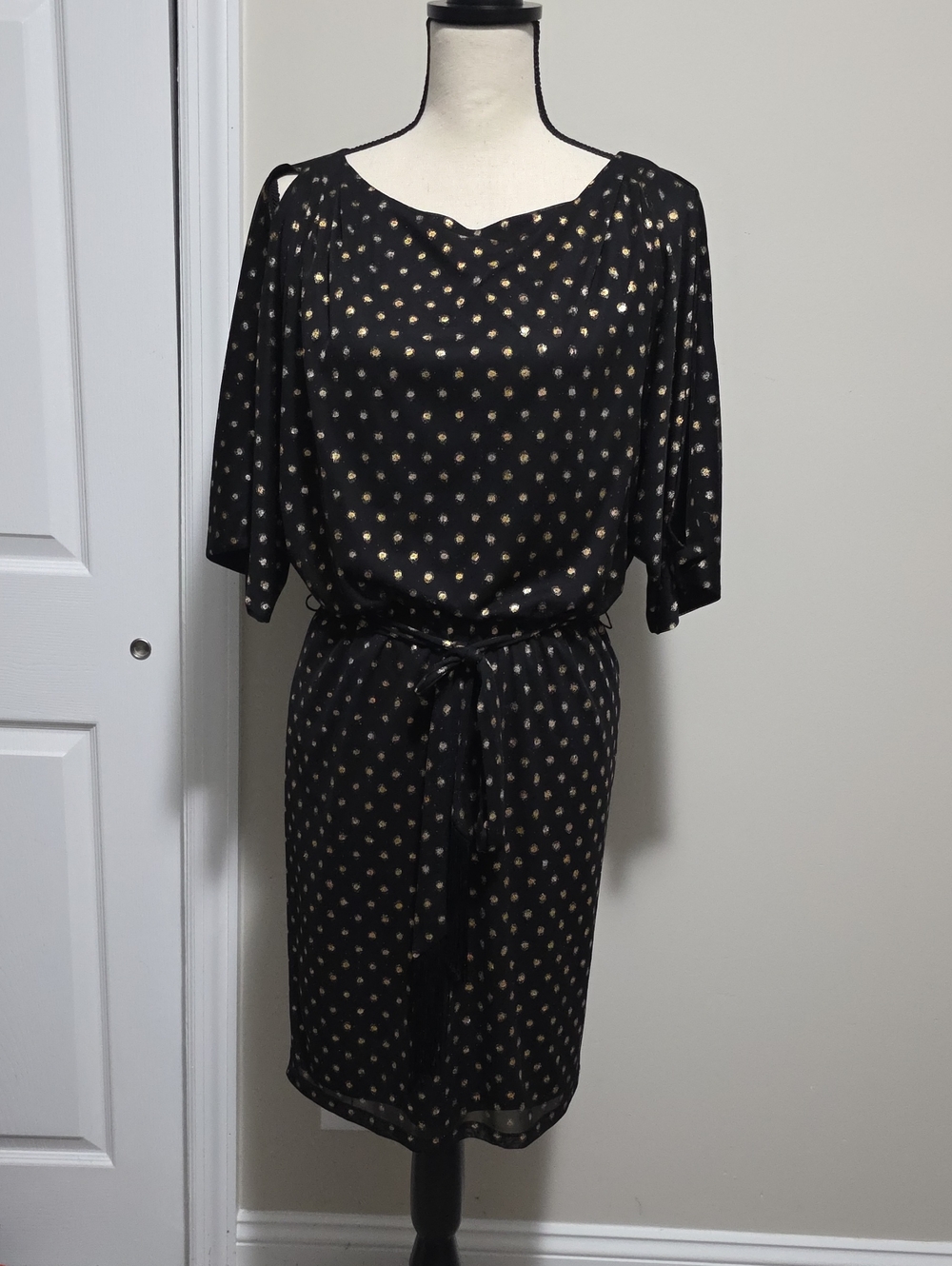 Jessica Simpson Black Gold Metallic, Glitter Polka Dot Cold Shoulder Dress Sz 6